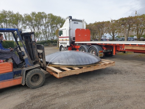 3000mm diameter domes, made from 6mm thick corten steel.  Heading to a NZ customer.